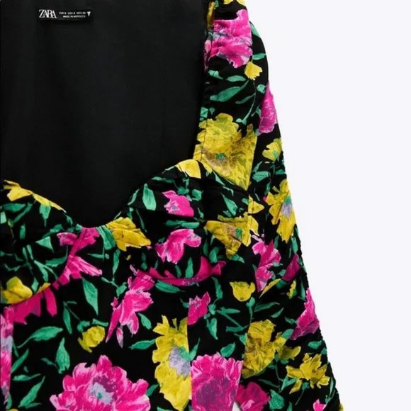 NEW Zara Floral Sweetheart Neckline Ruched Long Sleeve Crop Blouse Top L Vibrant - Picture 7 of 9